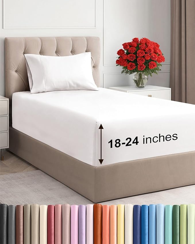 Extra Deep Pocket Twin XL Sheets - 3 Piece Breathable & Cooling Bed Sheets - Hotel Luxury Sheet Set - Soft, Wrinkle Free & Comfy - Easily Fits Extra Deep Mattresses - Deep Pocket Antique White Sheets