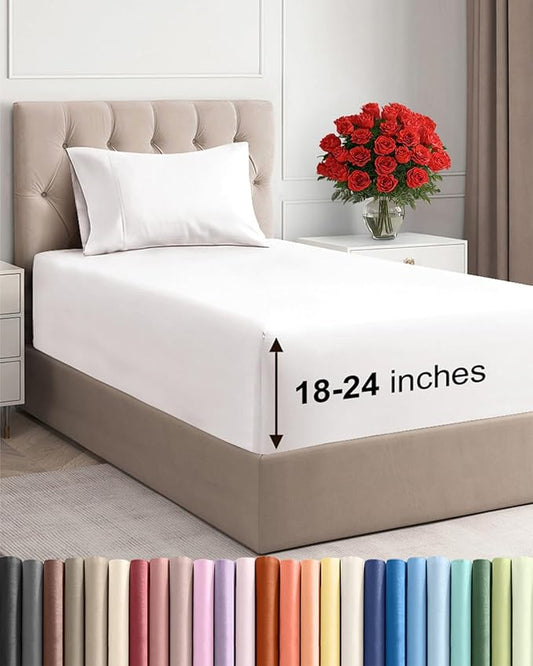Extra Deep Pocket Twin Sheets - 3 Piece Breathable & Cooling Bed Sheets - Hotel Luxury Bed Sheet Set - Soft, Wrinkle Free & Comfy - Easily Fits Extra Deep Mattresses - Deep Pocket Antique White Sheets