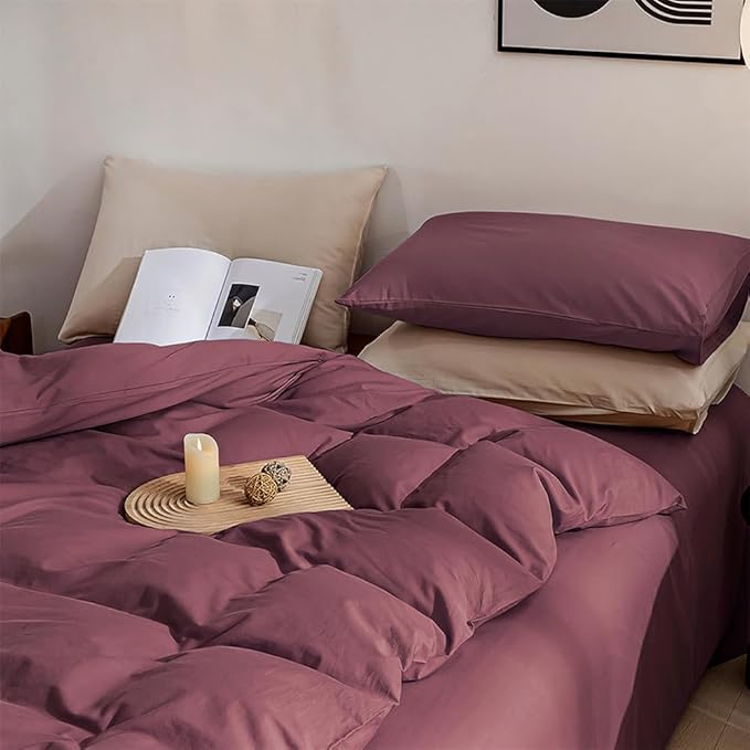 JELLYMONI Plum Duvet Cover Full Size - 100% Washed Cotton Linen Like Textured Comforter Cover, 3 Pieces Breathable Soft Bedding Set with Zipper Closure (Plum, 80"x90")