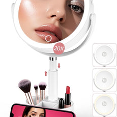 Shinowa Makeup Mirror with Lights, 1X/20X Lighted Magnifying Mirror with Storage for Makeup & Jewelry, 2-Sided Height Adjustable Vanity Mirror with 3 Color Lights, 360° Rotation & Rechargeable, White