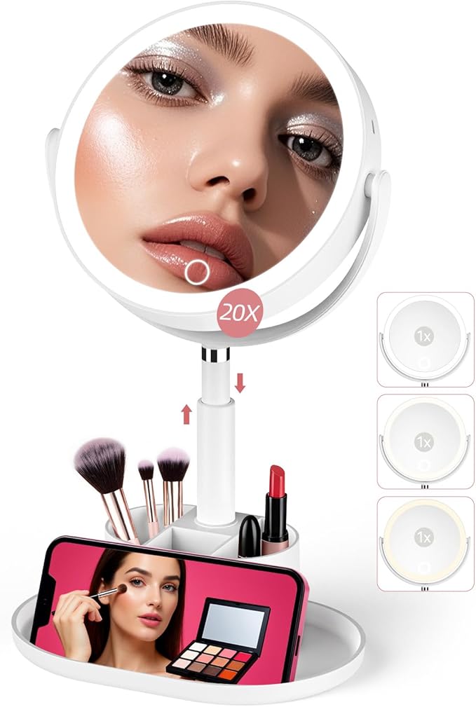 Shinowa Makeup Mirror with Lights, 1X/20X Lighted Magnifying Mirror with Storage for Makeup & Jewelry, 2-Sided Height Adjustable Vanity Mirror with 3 Color Lights, 360° Rotation & Rechargeable, White