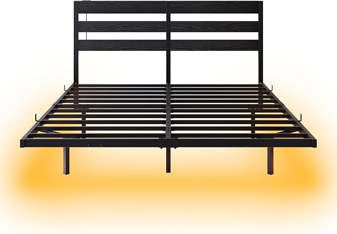 Floating Bed Frame Queen Size with USB Charging Station, LED Bed Frame with Storage Headboard, Black Metal Platform Bed Queen Size, No Box Spring Needed, Noise Free, Easy to Assemble