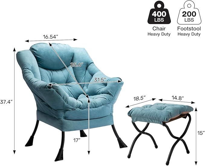 HollyHOME Lazy Chair with Foldable Ottoman, Accent Comfy Lounge Armchair and Folding Footrest Stool, Leisure Sofa Reading Chair and Footstool for Living Room, Bedroom, Dorm,Blue