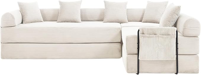 106" Oversized Convertible Sleeper Sofa Bed, Corduroy L Shape Sectional Couch, Folding Sofa Bed with Side Pocket, Modern Cloud Floor Mattress Couch, Modular Sofa for Living Room, Beige