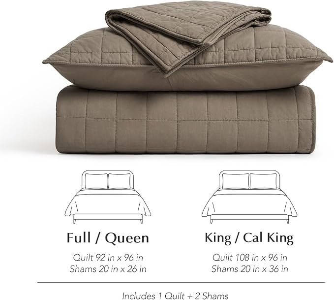 EVERGRACEHOME 100% Cotton Box Stitch Quilt Bedding Set King Size 3 Pieces, Garment-Washed Lightweight Soft Cozy Coverlet, Oversized Quilted Bedspread Sets with 2 Shams for All Season, Mocha Brown