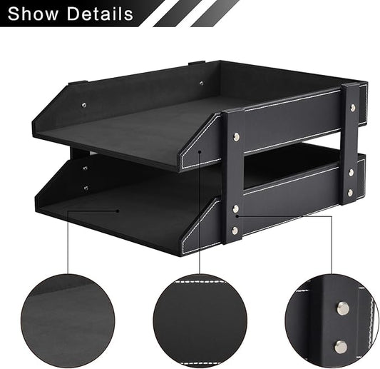 Leather Desk Organizer,2-Tier Stackable Letter Tray Holder,Office Supplies Desktop Storage Box for Document,Stationery,Magazines,Newspapers,Letters and Other Home Office Paper Sundries,Black