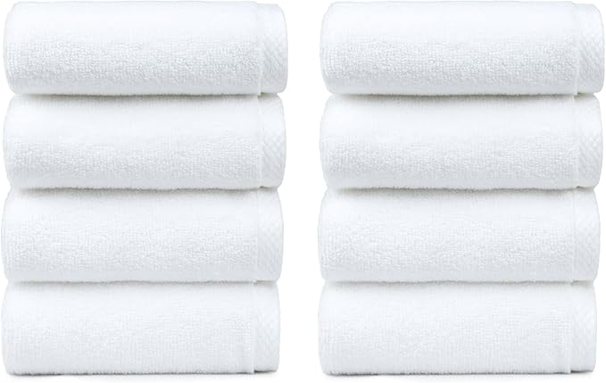 Amazon basics 100% cotton Lightweight quick-dry hand towels, 8-pack, White, 28" x 16"