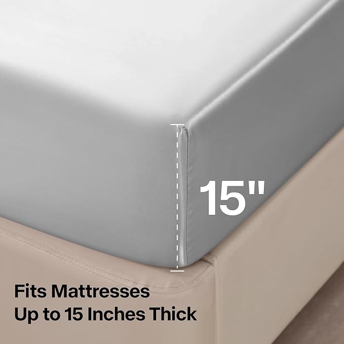 BEDELITE Satin Sheets Queen Size Bed Set, Luxury Soft Grey Silky Sheets for Hair and Skin, Similar to Silk Bed Sheets Set 4 Pieces with 1 Deep Pocket Fitted Sheet, 1 Flat Sheet, and 2 Pillowcases