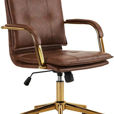 MOJAY Mid-Back Ergonomic Leather Office Desk Chair, Modern Upholstered Computer Chair, Executive Office Chair with Arms, Swivel Adjustable Rolling Chair with Gold Base (Brown)