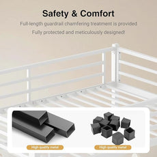 Queen Over Queen Bunk Bed, Metal Bunk Bed Frame Heavy Duty Bunk Beds Loft Bed Frame with Ladder and Guardrail Metal Slats No Box Spring Required for Adults Teens, White