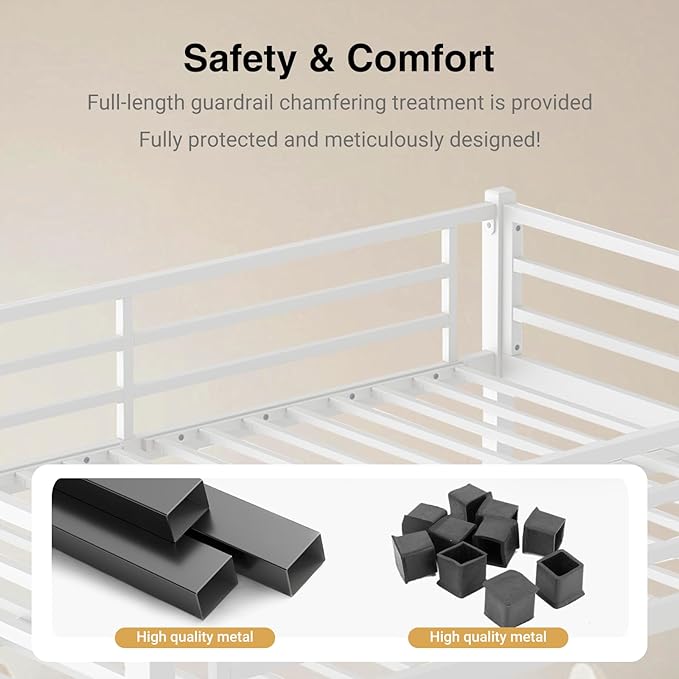 Queen Over Queen Bunk Bed, Metal Bunk Bed Frame Heavy Duty Bunk Beds Loft Bed Frame with Ladder and Guardrail Metal Slats No Box Spring Required for Adults Teens, White