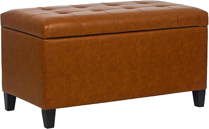 Joveco Storage Ottoman Bench, 33 Inches Faux Leather Rectangle Tufted Foot Stool for End Foot of Bed, Bedroom, Living Room, Cognac Brown
