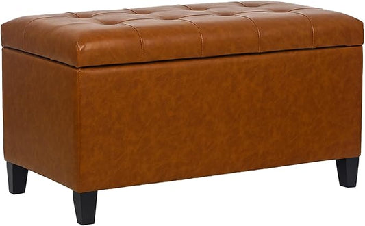 Joveco Storage Ottoman Bench, 33 Inches Faux Leather Rectangle Tufted Foot Stool for End Foot of Bed, Bedroom, Living Room, Cognac Brown