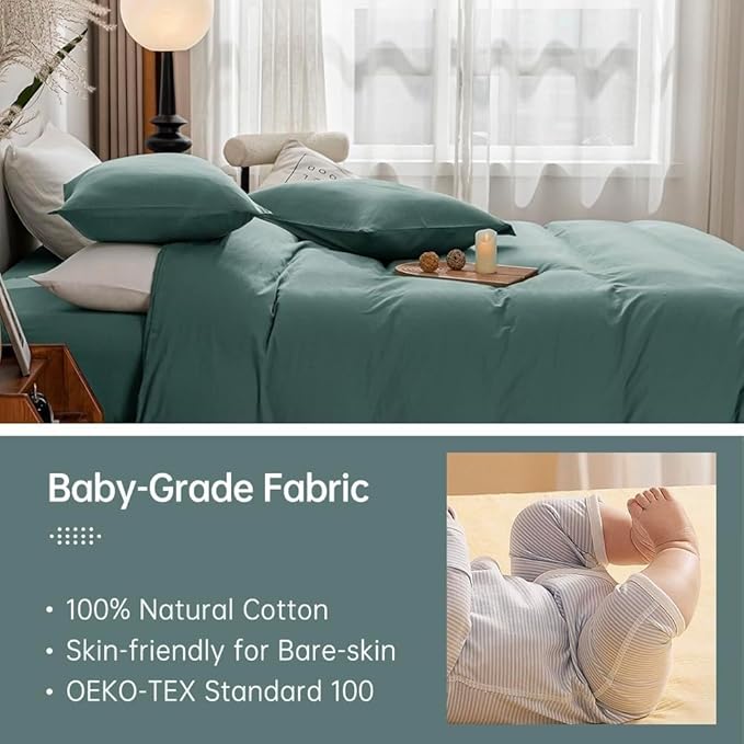 JELLYMONI Dark Green Bedding Duvet Cover Set - 100% Washed Cotton Linen Like Textured California King Comforter Cover, 3 Pieces Soft Bedding Set with Zipper Closure (Dark Green, Cal King 104"x98")