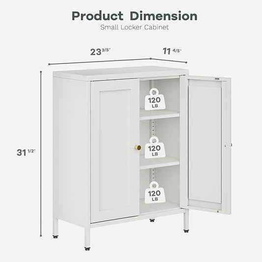 31.5"H Metal Bathroom Cabinet,Short Bathroom Storage Cabinet with Doors,Floor Locker,White Small Cabinets with 2 Adjustable Shelves & 4 Doors,Pantry Food Cabinet for Hallway,Home Office, Kitchen
