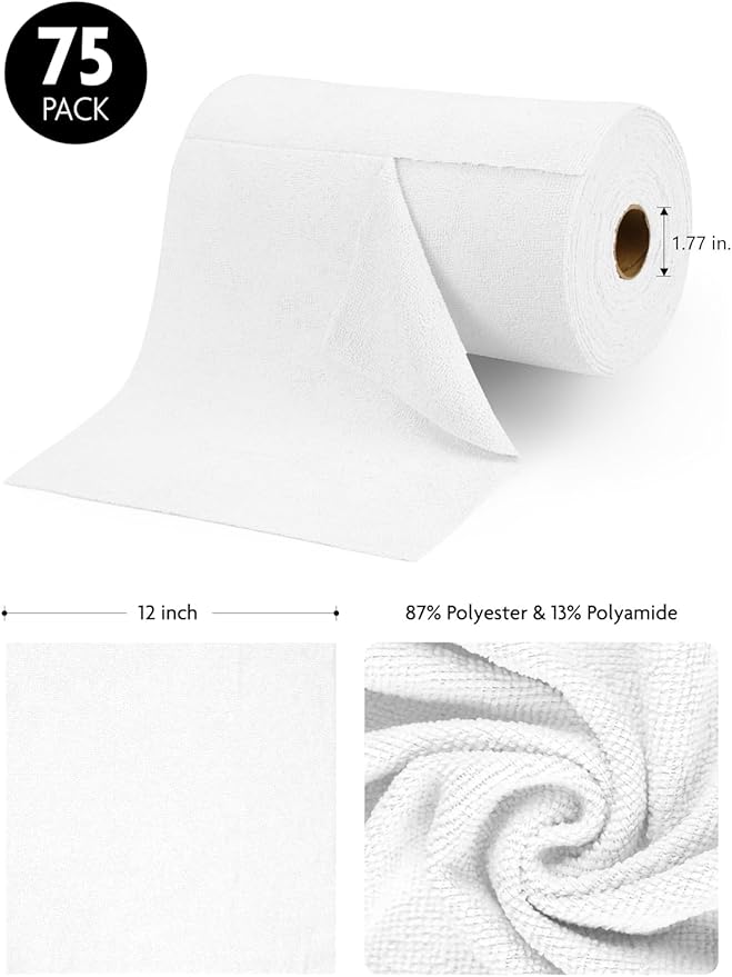 Fantasticlean Microfiber Cleaning Cloth Roll -75 Pack, Tear Away Microfiber Towels, 12" x 12", Reusable, Washable, Scratch Free, Ultra Absorbent Dishcloth for All-Around Cleaning Supplies (White)