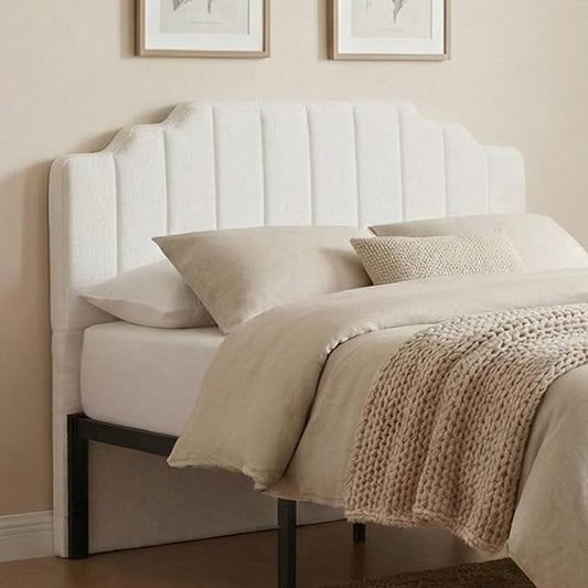 Queen Headboard Only - Beige Velvet Upholstered Headboard for Bed, No Assembly Required, Pure Sponge Design, Place Between Bed & Wall, Vertical Stripe with Stepped Crown Top Edge