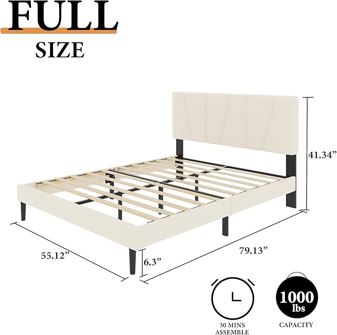 Full Size Platform Bed Frame with Geometric Upholstered Headboard, Noise Free, Wooden Slats Support, No Box Spring Needed, Easy Assembly, Beige, Velvet