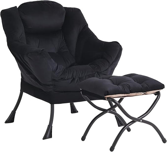 Lazy Chair and Ottoman, Large Accent Lounge Chair with Armrests and a Side Pocket, Modern Leisure Upholstered Sofa Reading Armchair with Footrest for Bedroom, Living Room, Dorm Rooms, Office