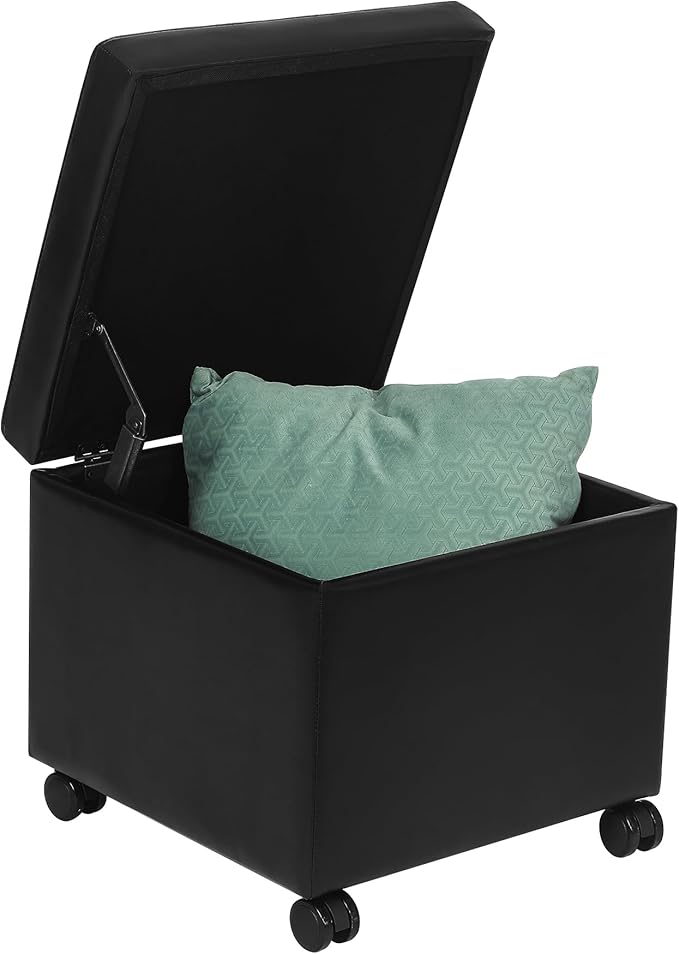 Ottoman with Wheels, 17 Inch Ottoman Footstool with Wheels, Small Square Faux Leather Ottomans Foot Rest Black Rolling Storage Bench, Hassocks and Ottomans, Footstools for Living Room