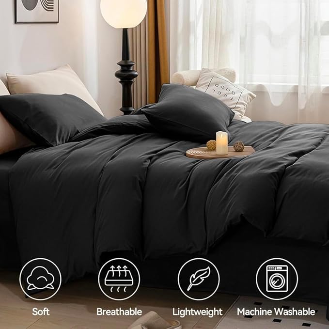 JELLYMONI Cotton Duvet Cover King Size - 100% Washed Cotton Linen Like Textured Comforter Cover, 3 Pieces Breathable Soft Bedding Set with Zipper Closure (Black, King 104"x90")