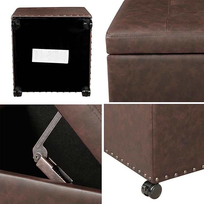 Ottoman with Wheels, 17 Inch Ottoman Footstool with Wheels, Small Square Faux Leather Ottomans Foot Rest Brown Rolling Storage Bench, Hassocks and Ottomans, Footstools for Living Room