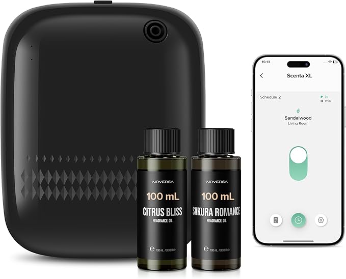 Airversa Smart Waterless Essential Oil Diffuser (400 mL Capacity) Starter Kit with 200mL Fragrance Scent Oils, Up to 2000 sq ft App Control Scent Air Machine with 12V1A Power Adapter, ANW Kit Black