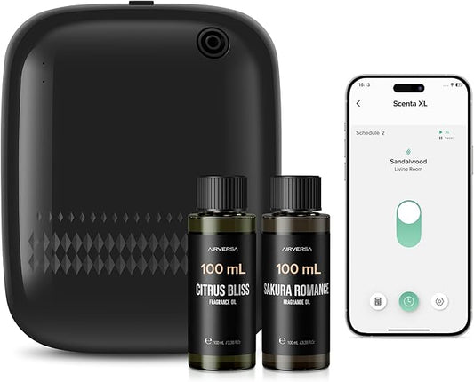 Airversa Smart Waterless Essential Oil Diffuser (400 mL Capacity) Starter Kit with 200mL Fragrance Scent Oils, Up to 2000 sq ft App Control Scent Air Machine with 12V1A Power Adapter, ANW Kit Black