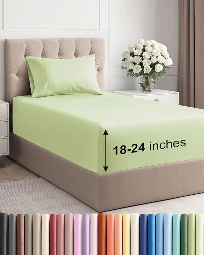 Extra Deep Pocket Twin XL Sheets - 3 Piece Breathable & Cooling Bed Sheets - Hotel Luxury Bed Sheet Set - Soft, Wrinkle Free & Comfy - Easily Fits Extra Deep Mattresses - Light Sage Green Sheets Set