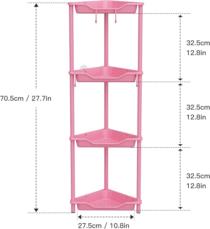 Orimade Rustproof 4 Tier Floor Standing Corner Shower Caddy Organizer, Plastic Metal Splicing Floor Corner Shelf Rack Storage Stands for Bathroom,10.8 x 10.8 x 44.6 inches, Pink