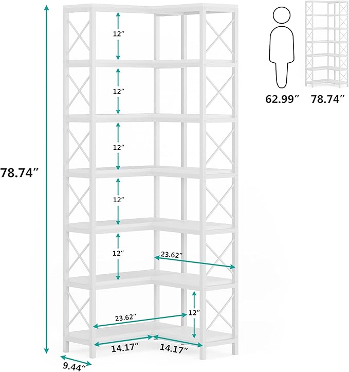 Tribesigns 7-Tier Corner Bookcase, Industrial Large Corner Bookshelf, 7-Shelf Tall Corner Shelf Storage Display Rack with Metal Frame for Living Room Home Office, White