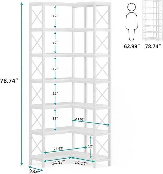 Tribesigns 7-Tier Corner Bookcase, Industrial Large Corner Bookshelf, 7-Shelf Tall Corner Shelf Storage Display Rack with Metal Frame for Living Room Home Office, White