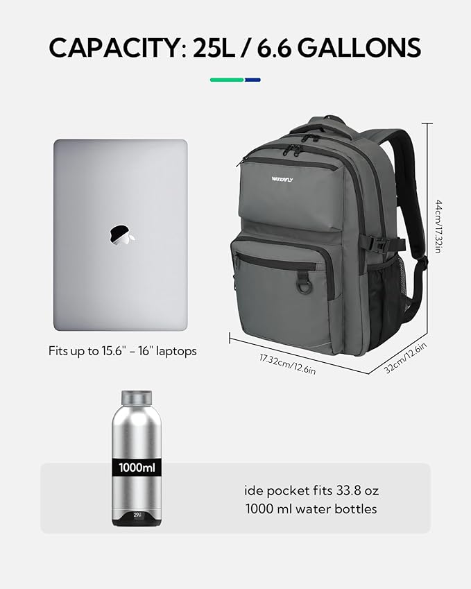 WATERFLY Travel Laptop School Backpack: College Middle School Bookbag for Women Men, TSA Friendly Business Work Casual Daypack with 15.6" Computer Compartment, Anti Theft Water Resistant Commuter Bag