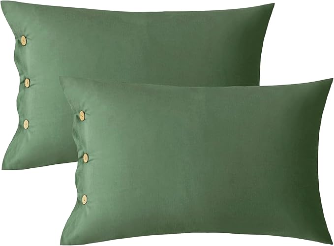 JELLYMONI Pillowcases King Set of 2 Cotton Button Pillow Covers 20×36in Green Bed Pillow Cases 100% Washed Cotton Soft Breathable (Pillows are not Included)