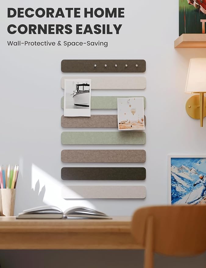 Cork Board Alternative Felt Strip Board 8-Pack 13"x2", Office Pin Board with 50 Push Pins, Adhesive Install for Bedroom Door & Home Office(Linen Dusk)