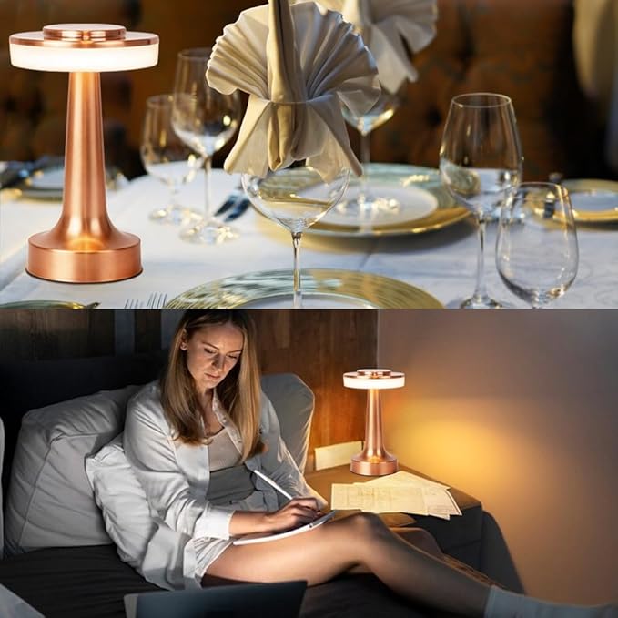 Cordless Metal Desk Lamp, Touch Sensor Control LED Table lamp,3 Color Stepless Dimmable Battery Powered Lamp for Living Room, Dorm, Home Office (Rose Gold)