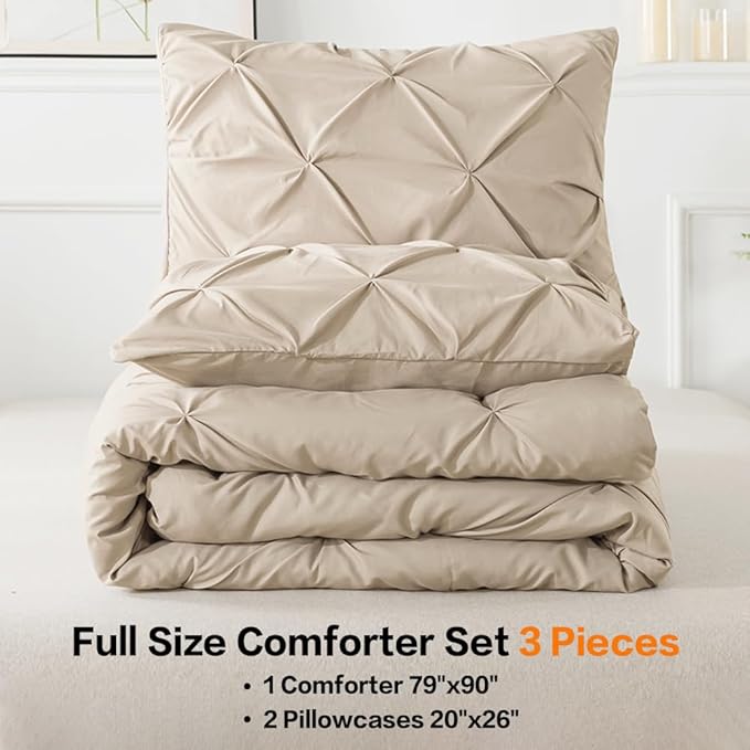 Andency Full Comforter Set Khaki, 3 Pieces Pinch Pleat Bedding Comforters & Sets, Pintuck Lightweight Fluffy All Season Bed Set for Women Men Girls(79x90Inch)
