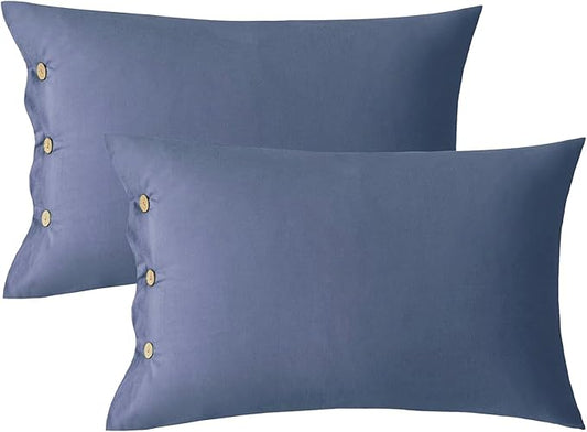 JELLYMONI Cotton Pillowcases King Set of 2 Button Pillow Covers 20×36in Blue Bed Pillow Cases 100% Washed Cotton Soft Breathable (Pillows are not Included)