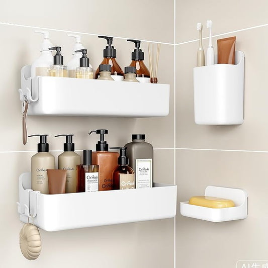 Orimade Shower Caddy 4-Pack, No-Drill Adhesive Shelves for Bathroom, Rustproof ABS Storage Organizer Set, White