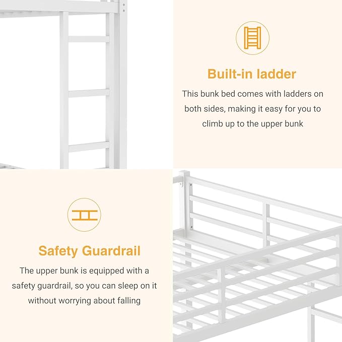 Queen Over Queen Bunk Bed, Metal Bunk Bed Frame Heavy Duty Bunk Beds Loft Bed Frame with Ladder and Guardrail Metal Slats No Box Spring Required for Adults Teens, White
