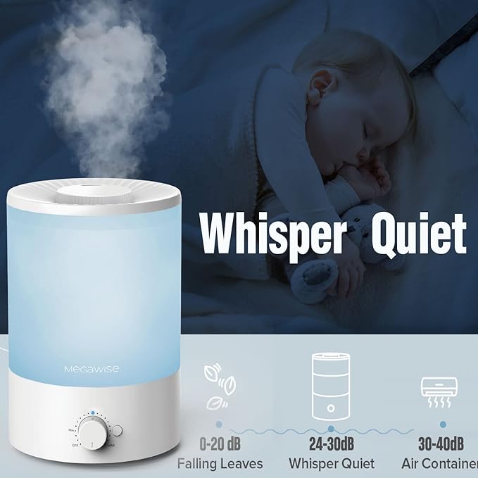 MegaWise Healthy Top-Refill Cool Mist Humidifiers for Bedroom, 24dB Ultrasonic Air Vaporizer with Water Filter for Baby [PP Material], Colorful Night Light,1 Gal Essential Oil Diffuser, Auto Shut Off