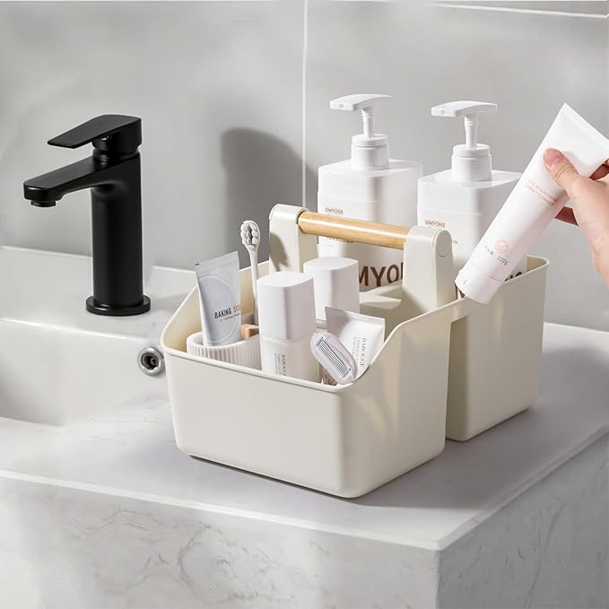 rejomiik Portable Shower Caddy Basket with Bamboo Handle, Plastic Cleaning Caddy Bathroom Organizer Tote for College Dorm Essentials, Bath Toy Storage, Cream