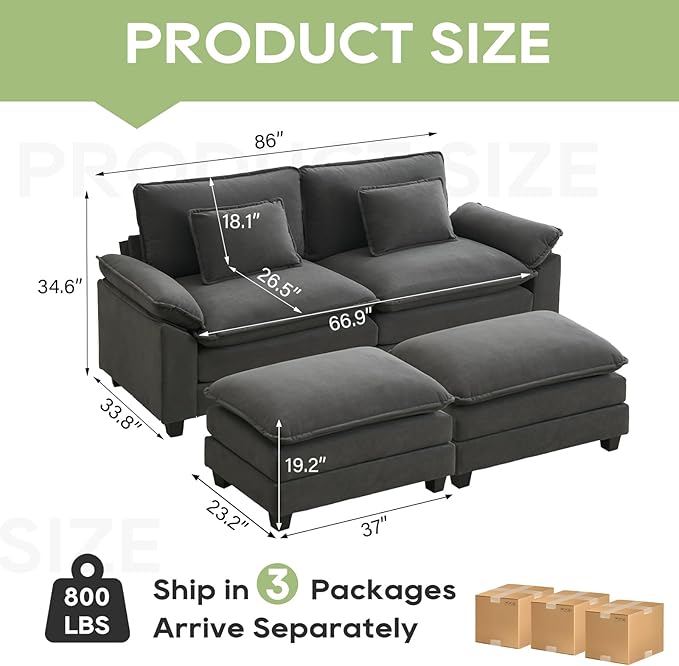86" Modular Sectional Sofa, Comfy Cloud Couch Sectional Sofa with Ottoman, Velvet Sofa Sleeper Deep Seat Sofa with Throw Pillows for Living Room (Blue Grey)