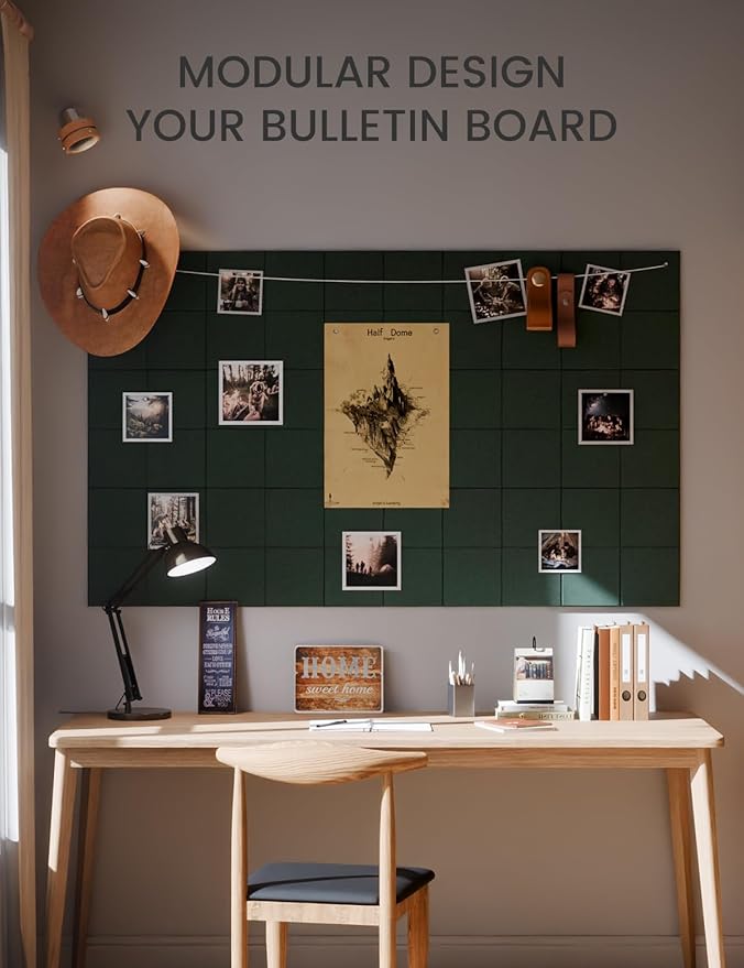 Large Felt Bulletin Board 36"x24", 6-Pack 4-Compartment Wall Organizer, Cork Board Alternative with 60 Removable Adhesive Tabs, Modular Felt Panels for Home Office, Classroom and Study-Pine Green