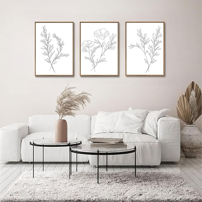 KISSFOX 3 Piece Framed Wall Art Botanical Wall Decor Floral Pictures Wildflower Canvas Art Black White Line Paintings Minimalist Boho Artwork For Bedroom Living Room Bathroom