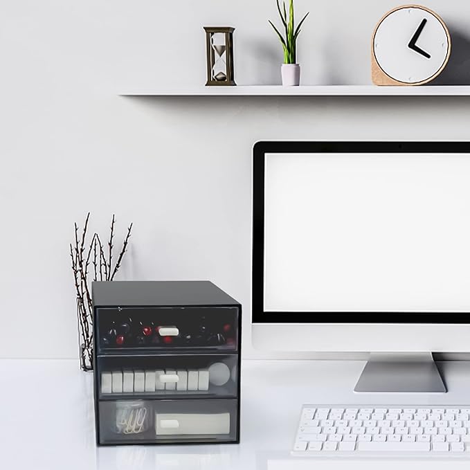 Desk Organizer with Drawer, Desk Storage Box, Plastic Office Stationery Supplies Organizers, Desktop Organizer for Office School Home (3 drawer, Black)