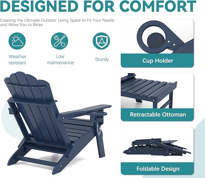 FOOWIN Adjustable Adirondack Chair with Retractable Ottoman Set of 6, Folding Adirondack Chair with Cup Holder, HDPE All-Weather Fire Pit Chair for Patio, Yard, Poolside, Navy Blue