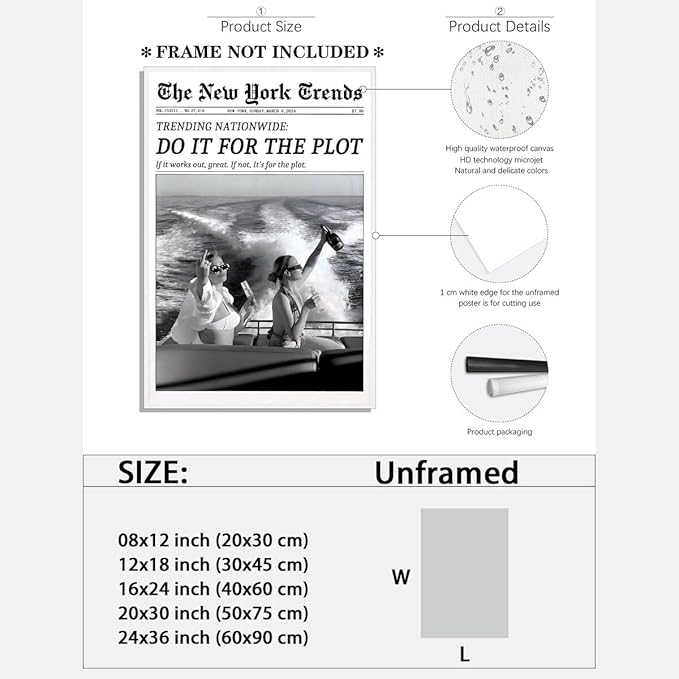 Retro New York Trends Wall Art Black and White Newspaper Poster Do It for The Plot Canvas Prints Funky Feminist Posters Trendy College Wall Decor for Bar Cart Hot Girl Dorm Room Decorative 12x16inch Unframed