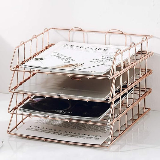Jolitac Rose Gold 4-Tier Stackable Paper Tray Desk Organizer, Workspace Decorative Stacking Rack Supplies Holder, Metal Letter Trays for File Documents in Home & Office (Rose Gold)