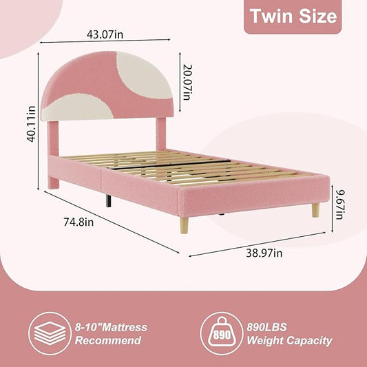 Garvee Twin Bed Frame with Round Boucle Headboard, Upholstered Arch-Shaped Design in Soft Pink & White, Modern Kids Wooden Slats Bed, No Box Spring Required & Easy Assembly